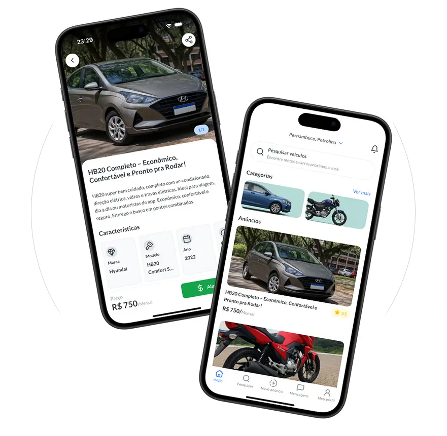 Aplicativo ilug mostrando opções de aluguel de carros e motos entre pessoas